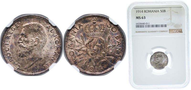 Romania Kingdom 1914 50 Bani - Carol I Silver (.835) 2.5g NGC MS 63 KM 41 Schön ...