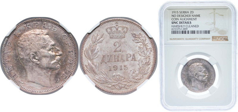 Serbia Kingdom 1915 A 2 Dinara - Petar I Silver (.835) Paris Mint 10g NGC UNC DE...