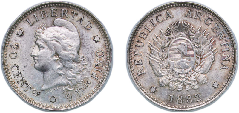 Argentina Federal Republic 1882 20 Centavos Silver (.900) (762000) 5.05g AU KM 2...