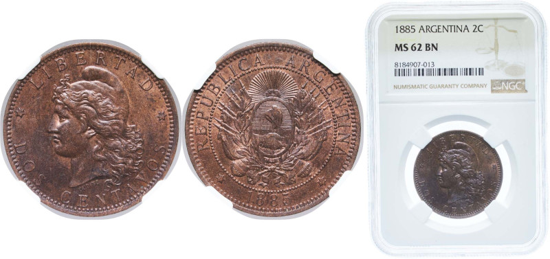 Argentina Federal Republic 1885 2 Centavos Bronze (3065000) 10g NGC NS 62 BN KM ...