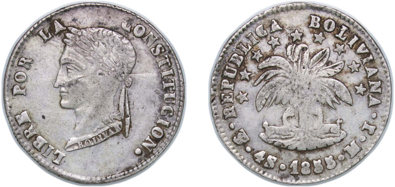 Bolivia Republic 1855 PTS MJ 4 Soles Silver (.667) Potosi Mint 13.62g XF KM 123....