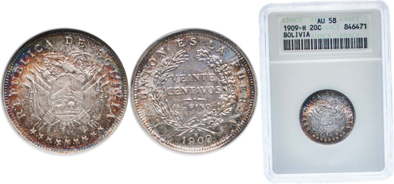 Bolivia Republic 1909 H 20 Centavos Silver (.833) Heaton and Sons / The Mint Bir...