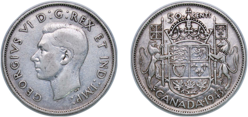 Canada Commonwealth 1943 50 Cents - George VI (with IND:IMP:) Silver (.800) Otta...