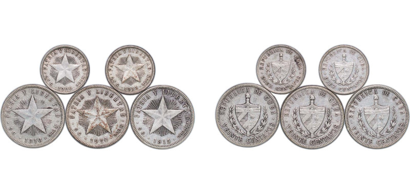 Cuba First Republic 1915 - 1920 Centavos (5 Coins weight all 19.8gr) Silver (.90...