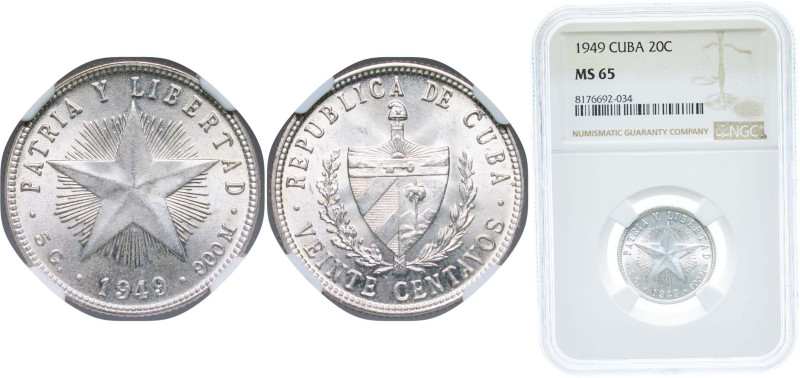 Cuba First Republic 1949 20 Centavos Silver (.900) Philadelphia Mint (13170000) ...