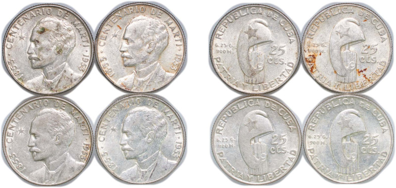 Cuba First Republic 1953 25 Centavos (José Martí, 4 Lots) Silver (.900) Philadel...