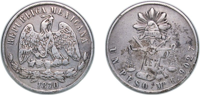 Mexico Federal Republic 1870 Mo C 1 Peso "Balanza" Silver (.9027) Mexico City Mi...