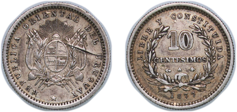 Uruguay Oriental Republic of Uruguay 1877 A 10 Centésimos Silver (.900) Paris Mi...