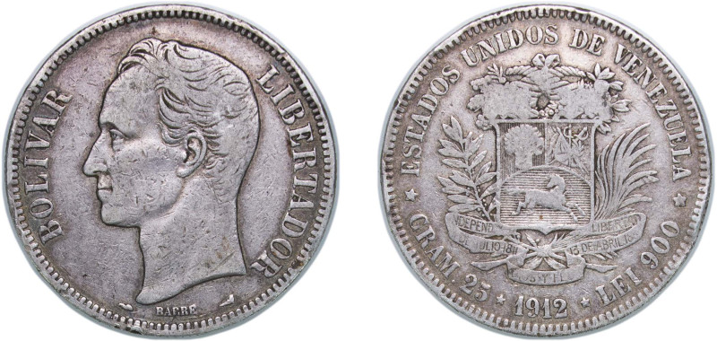 Venezuela United States 1912 5 Bolívares Silver (.900) Paris Mint 24.65g VF Y 24...