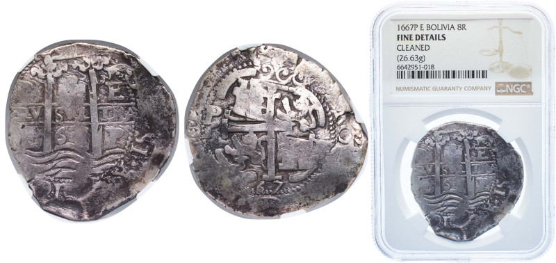 Bolivia Spanish colony 1667 P E 8 Reales - Charles II Silver (.931) Potosi Mint ...