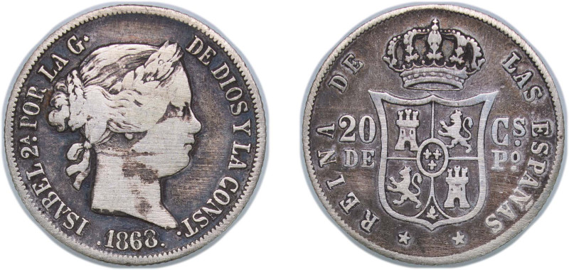 Philippines Spanish colony 1868 20 Centavos - Isabella II Silver (.900) Manila M...