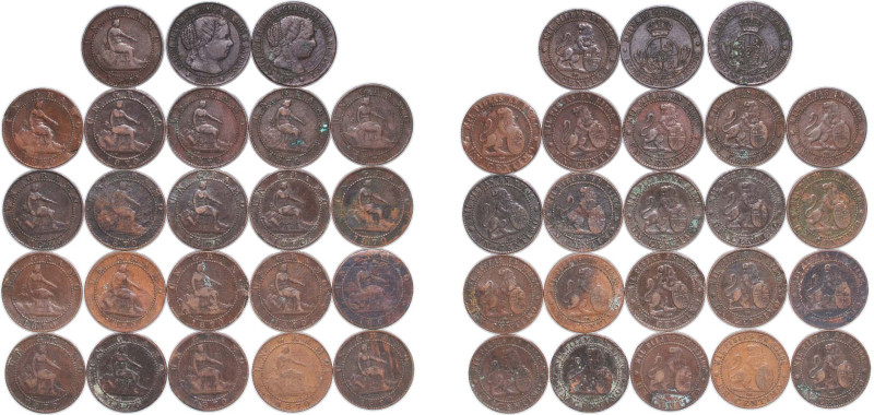 Spain 1867 - 1870 Centimo (2 pieces Isabel II 1/2 Cent & 21 pieces 1 cent 1870) ...