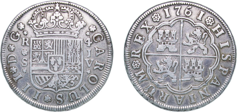 Spain Kingdom 1761 S JV 4 Reales - Charles III Silver (.917) Seville Mint 13g VF...