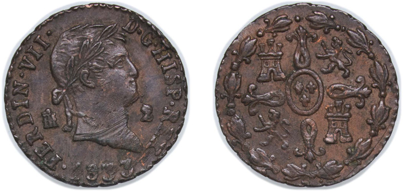 Spain Kingdom 1833 2 Maravedis - Ferdinand VII Copper Segovia Mint 2.4g AU KM 48...