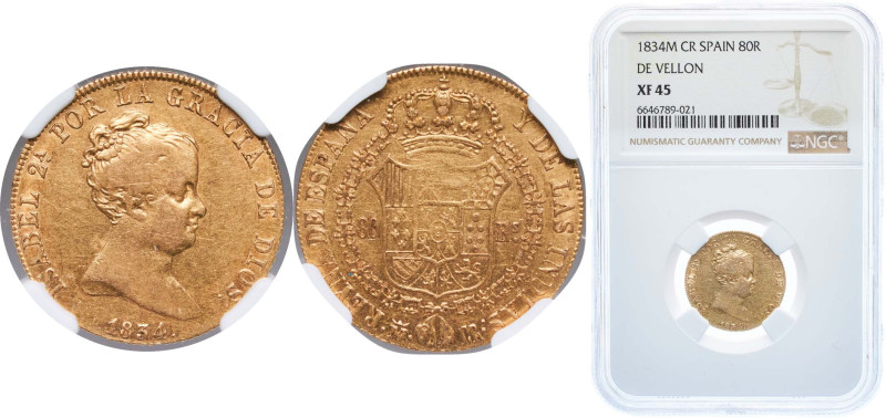 Spain Kingdom 1834 M CR 80 Reales - Isabel II (DIOS) Gold (.875) Madrid Mint 6.7...