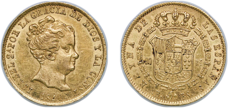 Spain Kingdom 1840 B PS 80 Reales - Isabel II (CONST) Gold (.875) Barcelona Mint...