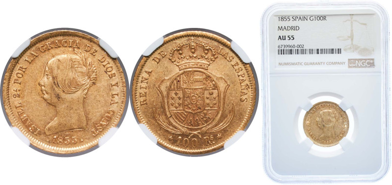 Spain Kingdom 1855 100 Reales - Isabel II Gold (.900) Madrid Mint 8.3g NGC AU 55...