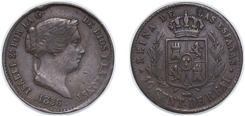 Spain Kingdom 1856 10 Centimos de Real - Isabel II Copper Segovia Mint 3.86g VF ...