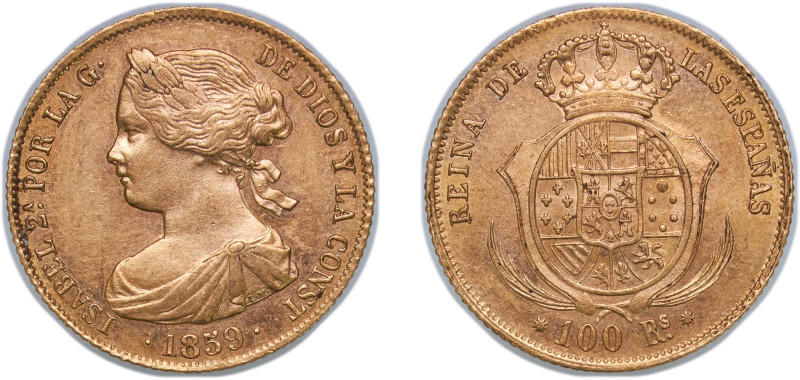 Spain Kingdom 1859 100 Reales - Isabel II Gold (.900) Barcelona Mint 8.36g AU KM...