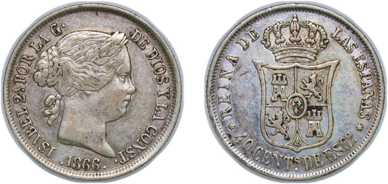 Spain Kingdom 1866 40 Centimos de Escudo - Isabel II Silver (.810) Madrid Mint 5...