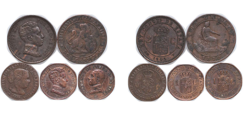 Spain Kingdom 1867 - 1912 1 & 2 Centimos (5 Lots) Bronze XF