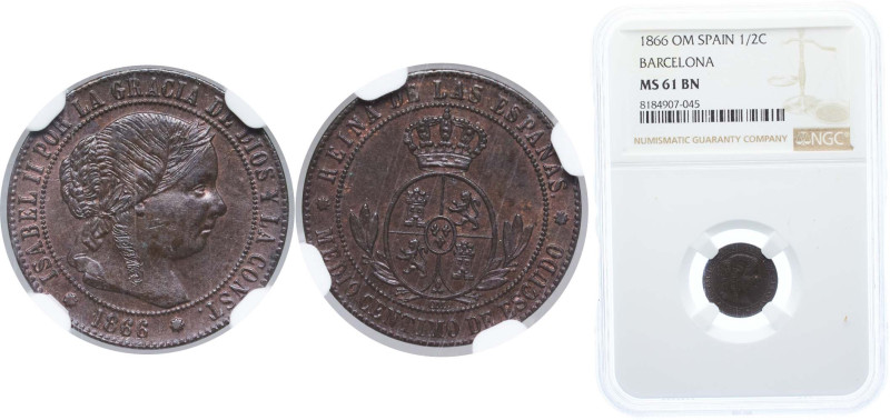 Spain Kingdom 1867 OM ½ Centimo de Escudo - Isabel II Bronze Barcelona Mint 1.25...