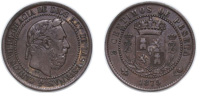 Spain Kingdom 1875 OT 5 Centimos - Charles VII (Pretender) Bronze Oñate Mint (50...