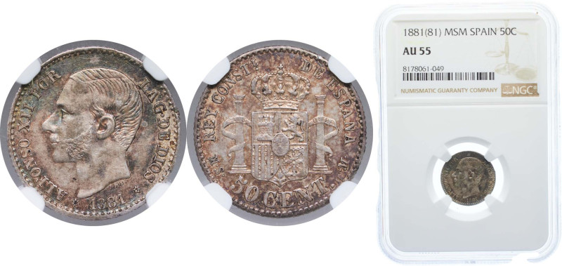 Spain Kingdom 1881 *18-81 MSM 50 Centimos - Alfonso XII Silver (.835) Madrid Min...