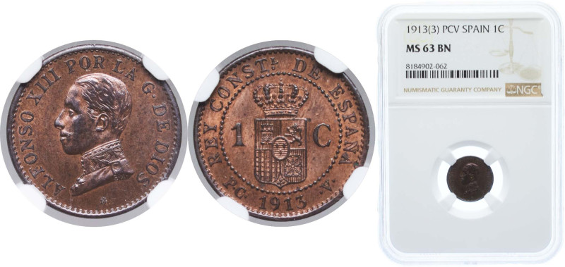 Spain Kingdom 1913 *3 PCV 1 Centimo - Alfonso XIII (5th portrait) Bronze Madrid ...