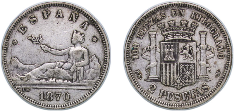 Spain Provisional Government 1870 *18-74 DEM 2 Pesetas Silver (.835) Madrid Mint...