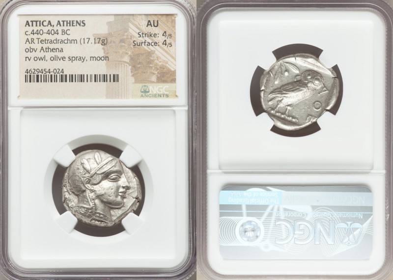 ATTICA. Athens. Ca. 440-404 BC. AR tetradrachm (24mm, 17.17 gm, 7h). NGC AU 4/5 ...