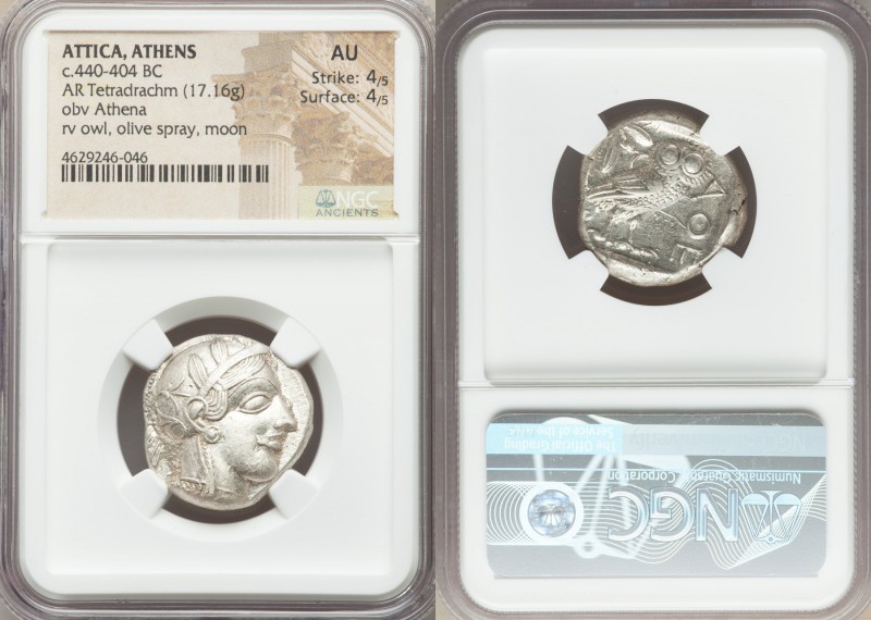 ATTICA. Athens. Ca. 440-404 BC. AR tetradrachm (23mm, 17.16 gm, 7h). NGC AU 4/5 ...