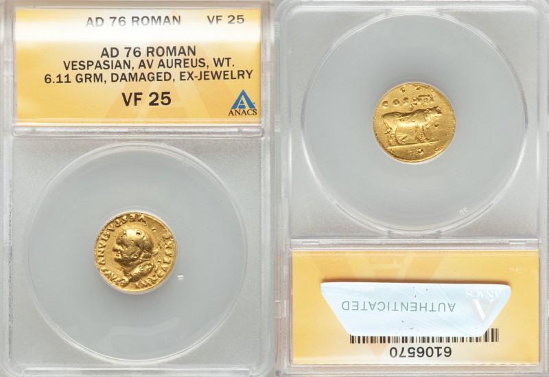 Vespasian (AD 69-79). AV aureus (6.11 gm, 5h). ANACS VF 25, damaged, ex-jewelry....