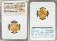 Heraclius (AD 610-641), with Heraclius Constantine and Heraclonas. AV solidus (21mm, 4.45 gm, 7h). NGC AU 5/5 - 3/5, graffito. Constantinople, 2nd off...