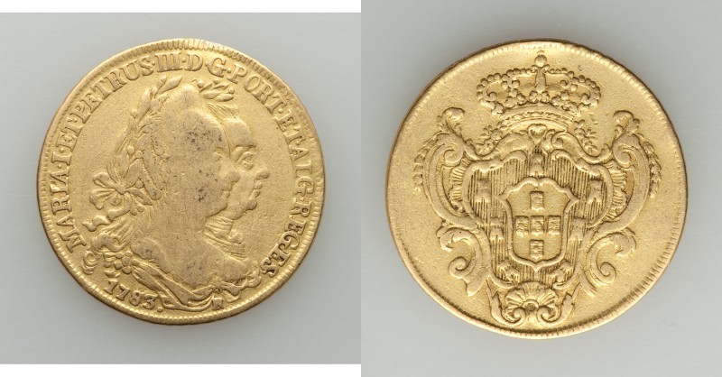 Maria I & Pedro III gold 6400 Reis 1783-R Fine (mount removed), Rio de Janeiro m...
