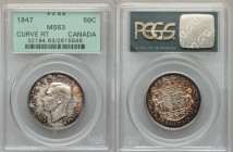 George VI "7 Curved Right" 50 Cents 1947 MS63 PCGS, Ottawa mint, KM36. Alluring peripheral tone in russet and blue. 

HID09801242017