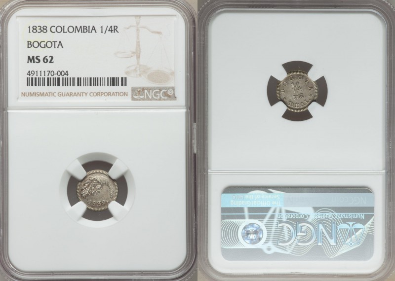 Nueva Granada 1/4 Real 1838 MS62 NGC, Bogata mint, KM90.2. 

HID09801242017