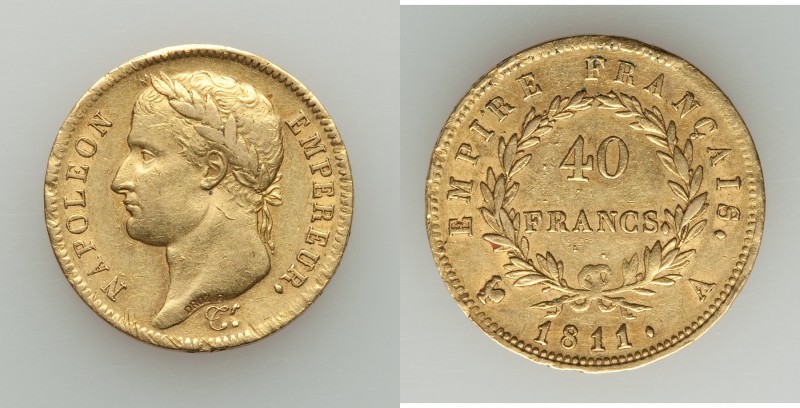 Napoleon gold 40 Francs 1811-A AU (cleaned), Paris mint, KM696.1. 26mm. 12.86gm....