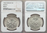 Bremen. Free City 5 Mark 1906-J MS62 NGC, Hamburg mint, KM251. An important and attractive one-year type, and the only emission of the denomination fr...