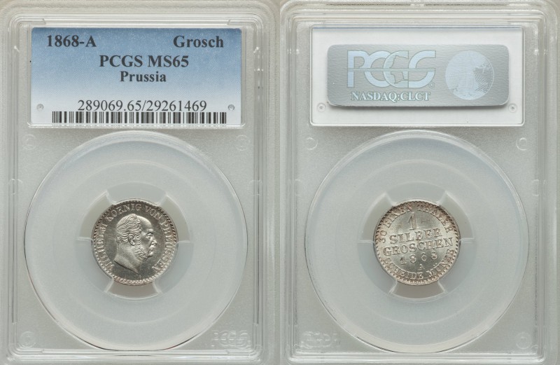 Prussia. Pair of Certified Assorted Issues, 1) Wilhelm I Grosch 1868-A MS65 PCGS...