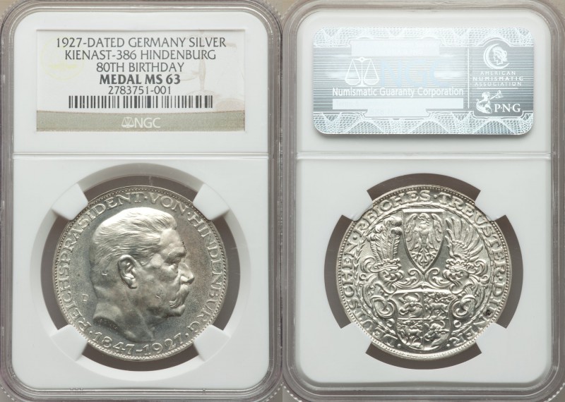 Weimar Republic silver "80th Birthday of Hindenburg" Medal 1927-D MS63 NGC, Muni...