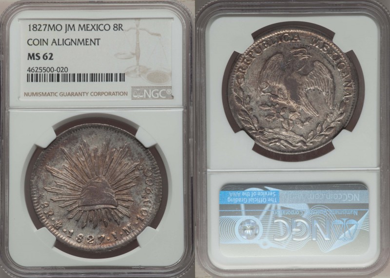 Republic 8 Reales 1827 Mo-JM MS62 NGC, Mexico City mint, KM377.10, DP-Mo06. Coin...