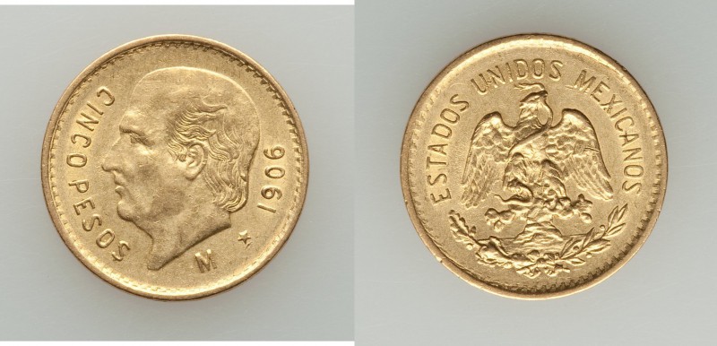 Estados Unidos gold 5 Pesos 1906-M AU/UNC, Mexico City mint, KM464. 19mm. 4.14gm...