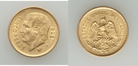 Estados Unidos gold 5 Pesos 1906-M AU/UNC, Mexico City mint, KM464. 19mm. 4.14gm. AGW 0.1206 oz. 

HID09801242017