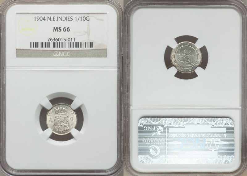 Dutch Colony. Wilhelmina 1/10 Gulden 1904-(u) MS66 NGC, Utrecht mint, KM309.

HI...