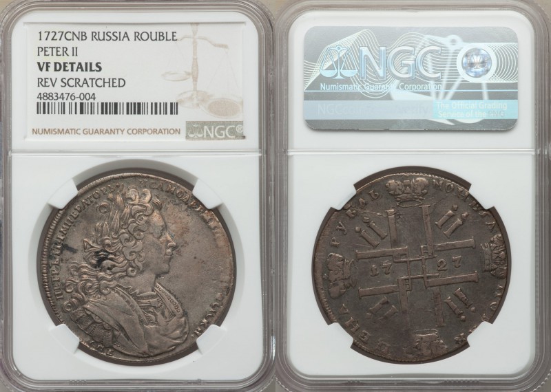 Peter II Rouble 1727-ϹПБ VF Details (Reverse Scratched) NGC, St. Petersburg mint...