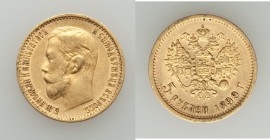 Nicholas II gold 5 Roubles 1899-ΦЗ XF (surface hairlines), St. Petersburg mint, KM-Y62. 19mm. 4.24gm. AGW 0.1245 oz. 

HID09801242017