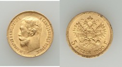 Nicholas II gold 5 Roubles 1900-ΦЗ AU, St. Petersburg mint, KM-Y62. 19mm. 4.28gm. AGW 0.1245 oz. 

HID09801242017