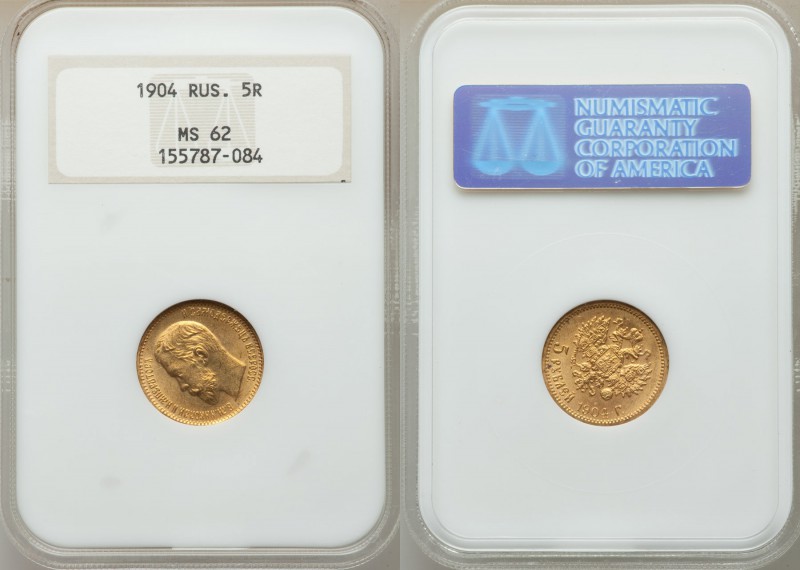 Nicholas II gold 5 Roubles 1904 MS62 NGC, St. Petersburg mint, KM-Y62 

HID09801...