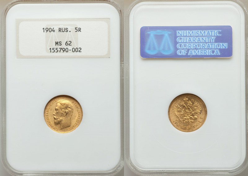Nicholas II gold 5 Roubles 1904 MS62 NGC, St. Petersburg mint, KM-Y62. 

HID0980...